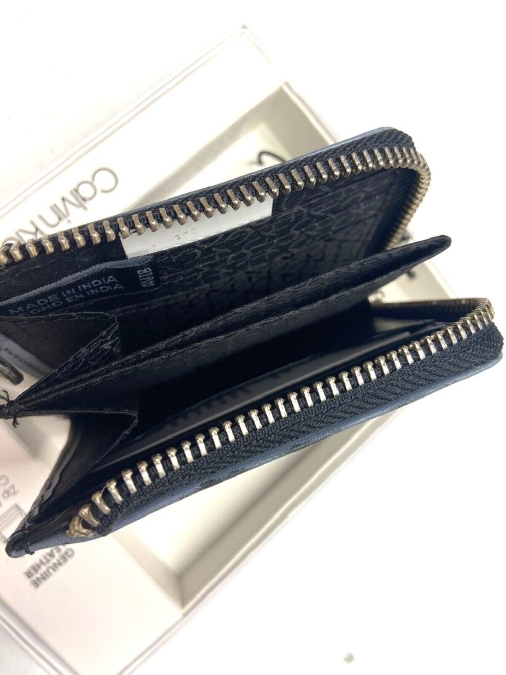 Calvin Klein Men RFID Zip Around Card Case Wallet Black Gray Logo Leather $50